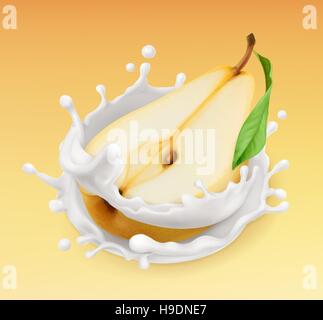 Pera e latte splash. Frutta e yogurt. Illustrazione realistica. 3d'icona vettore Illustrazione Vettoriale