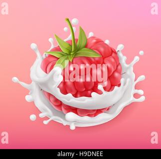 Lampone e latte splash. Frutta e yogurt. Illustrazione realistica. 3d'icona vettore Illustrazione Vettoriale