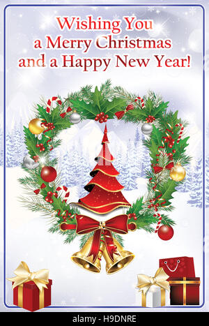 Elegante business vacanza invernale biglietto di auguri: Vi auguriamo Buon Natale e un felice anno nuovo. Contiene baubles di Natale, wre Foto Stock