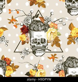 In autunno l'umore. Hipster seamless pattern con i teschi, autunno fiori e foglie in background. Cranio silhouette in stile di incisione. Vettore. Illustrazione Vettoriale