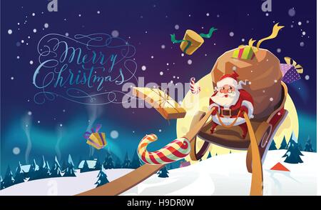 Santa con il mazzetto di equitazione presenta su di una slitta in inverno foresta. Luci polare dello sfondo. Villaggio d'inverno. Buon Natale scritte. Vettore i Illustrazione Vettoriale