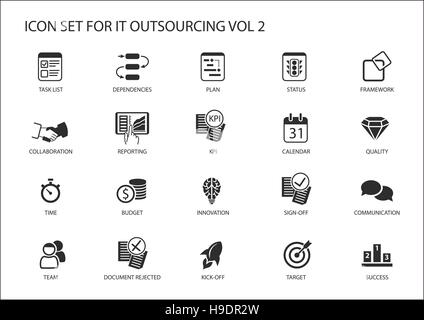 Varie IT outsourcing e offshore modello icone vettoriali globale in un modello operativo Illustrazione Vettoriale