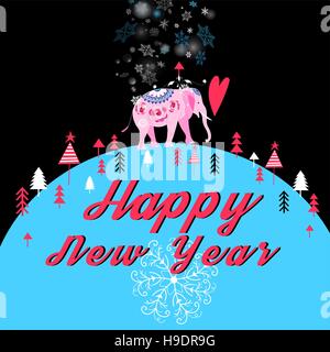 Vettore di Natale carta con bright Pink Elephant Illustrazione Vettoriale