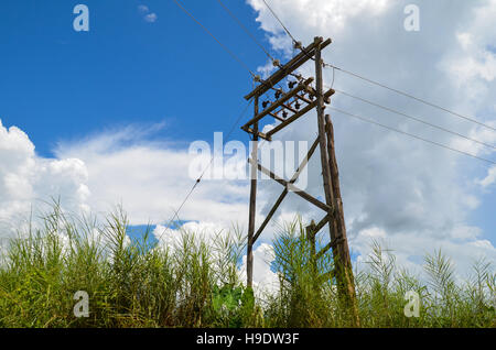 In legno antico polo elettrica e linee di alimentazione Foto Stock
