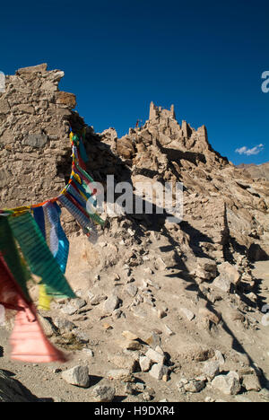 Bandiere di preghiera nella valle di Rupshu, Ladakh Foto Stock