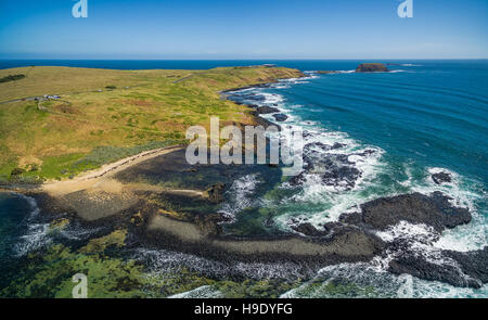 Antenna vista panoramica di Phillip Island litorale vicino al Nobbies Centre e Round Island. Melbourne, Victoria, Australia Foto Stock