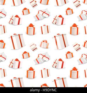 Bianco brillante scatole regalo con nastri rossi e archi, modello senza giunture Illustrazione Vettoriale