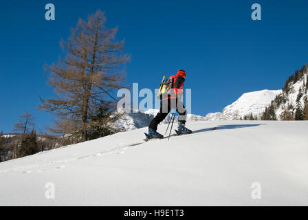 Paesaggio invernale sul Wurzeralm pascolo alpino e un uomo hinking, Austria superiore Foto Stock