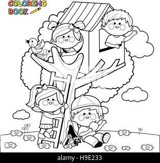 Bambini che giocano nel giardino in una casa sull'albero. I bambini nel parco giochi giocano in un parco giochi naturale. Pagina di colorazione vettoriale in bianco e nero. Illustrazione Vettoriale