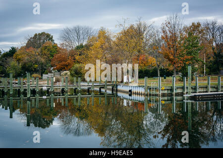 Docks e Colore di autunno a Oak Creek lo sbarco in Newcomb, vicino a St. Michaels, Maryland. Foto Stock