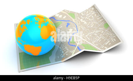 3d illustrazione della mappa piegata e globo terrestre globale - Concetto di navigazione Foto Stock