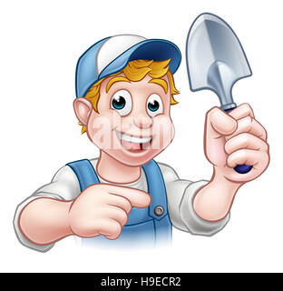 Un cartoon giardiniere tenendo un utensile da giardinaggio e puntamento Foto Stock