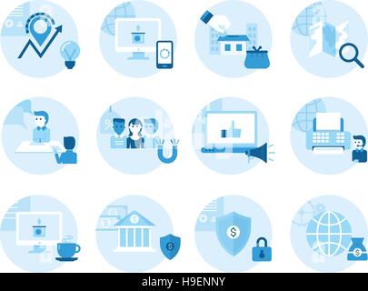 Set di icone sul tema del business, business management, il profitto. Realizzato in un appartamento di stile. Illustrazione Vettoriale