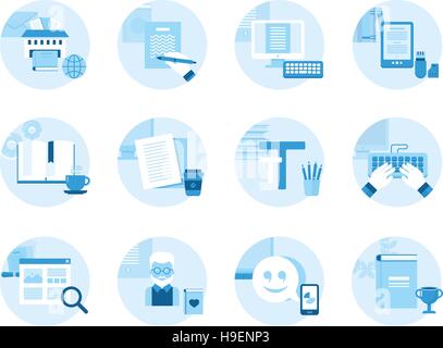 Set di icone sul tema della scrittura, modifica del testo, stampa. Realizzato in un stile piatto Illustrazione Vettoriale