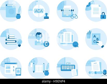 Set di icone sul tema della scrittura, modifica del testo, stampa. Realizzato in un stile piatto Illustrazione Vettoriale