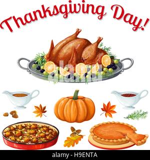 Vacanze autunnali celebrazione cena. La composizione di piatti tradizionali. Illustrazione Vettoriale realizzata in uno stile realistico, isolato su sfondo bianco Illustrazione Vettoriale
