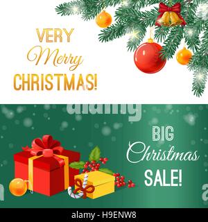 Vacanze shopping vettore banner. Natale, vacanze invernali, doni e un albero di Natale. Realizzato in stile realistico con oggetti isolati. Big christma Illustrazione Vettoriale