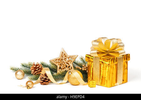 Regalo di natale Scatola e baubles Foto Stock