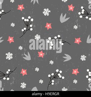 Inverno floreale modello senza cuciture con foglie, poinsettias, bacche e fiocchi di neve in bianco e rosso su sfondo grigio scuro. Illustrazione Vettoriale