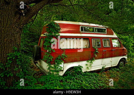 Fogliame cresce su abbandonato camper van nella foresta Foto Stock