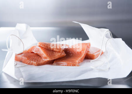Materie di filetti di salmone su butcher carta Foto Stock