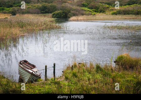 Un naufragio clinker costruito barca a remi legato fino in corrispondenza del lato di Lough Pollacappul, Connemara, Irlanda. Foto Stock