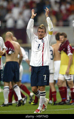 DAVID BECKHAM DOPO LA PARTITA DANIMARCA V INGHILTERRA grande stadio SWAN Niigata Giappone 15 Giugno 2002 Foto Stock