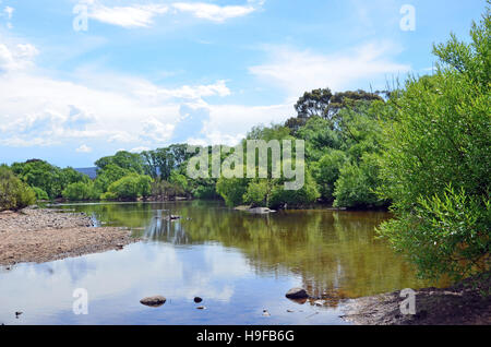 Tranquilla di sabbia e ciottoli riverbank presso la testa del Fiume Shoalhaven, Southern alpeggi, Nuovo Galles del Sud, Australia Foto Stock