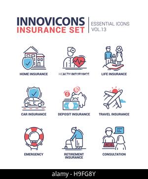 Tipi di assicurazione - moderno vettore linea sottile design piatto di icone e pittogrammi set. Home, salute, vita, auto, deposito, viaggio, assicurazione di pensionamento, eme Illustrazione Vettoriale