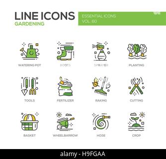 Giardinaggio - moderno vettore riga di icone del design e pittogrammi set. Annaffiatura pentola, stivali, Irroratrice, piantagione, attrezzi, fertilizzanti, rastrellamento, cesto di taglio whee Illustrazione Vettoriale