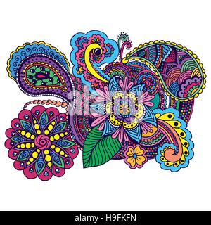 Disegnato a mano doodle colorato. Zentangle antistress design. Schizzo di colore design floreale. Tatuaggio, poster, stampa, t-shirt Illustrazione Vettoriale