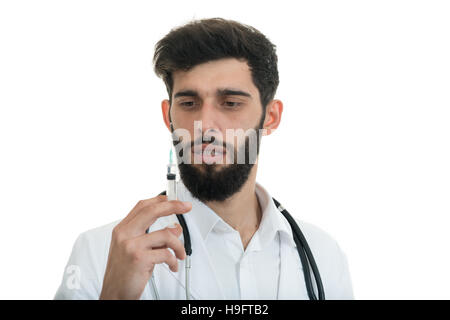Close up medico maschio tenendo la siringa di iniezione Foto Stock