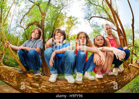 I bambini seduti sul tronco di albero caduto nella foresta Foto Stock