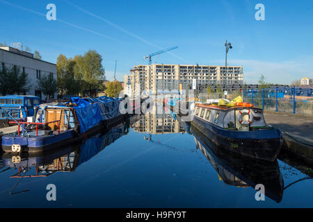 Narrowboats e gru riflessa nel campo di cotone marina Park, New Islington Ancoats, Manchester, Inghilterra, Regno Unito Foto Stock