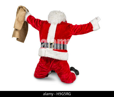Funny crazy hilarious rosso bianco santa claus celebrazione chiudere il pugno sacco di contenimento in aria il lavoro fatto isolato su sfondo bianco Foto Stock