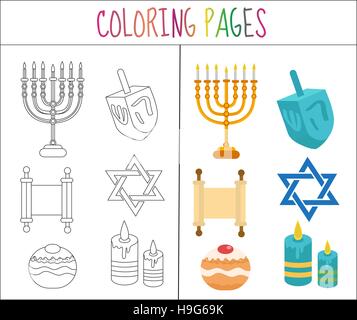 Libro da colorare pagina. Hanukkah set. Schizzo e versione a colori. per i bambini. Illustrazione Vettoriale Illustrazione Vettoriale