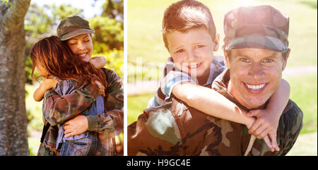 Immagine composita di felice soldato dando sovrapponibile al suo figlio Foto Stock