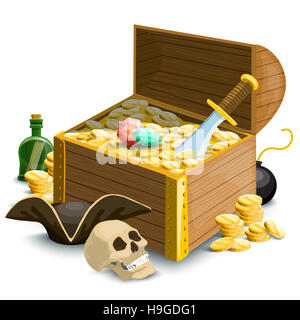 Illustrazione dei pirati. Insieme con le monete,pirate Treasure Chest, cranio e altri oggetti Foto Stock