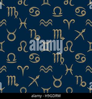 Vettore di colore oro disegnato a mano stile dotwork segni zodiacali sfondo scuro deco pattern seamless sfondo blu scuro Illustrazione Vettoriale