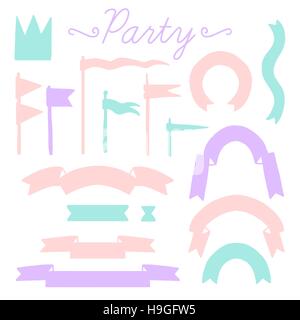 Set di vettore di elementi colorati per la festa di compleanno ed isolato su sfondo bianco. Vettore di elementi di carino per party, matrimoni, compleanni, cartoline Illustrazione Vettoriale