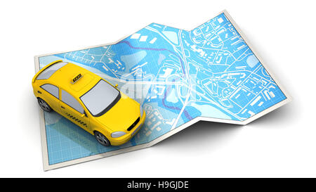 3d illustrazione della mappa della città e taxi veicolo, su sfondo bianco Foto Stock