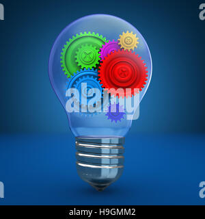 3d illustrazione della lampadina della luce colorata con ruote dentate all'interno, su sfondo blu Foto Stock