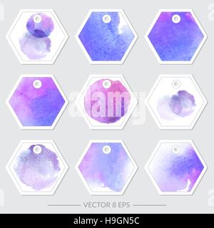 Vettore. Set di tag con texture acquerello. Set di tag per il design, stile corporativo, biglietti da visita e inviti. Illustrazione Vettoriale