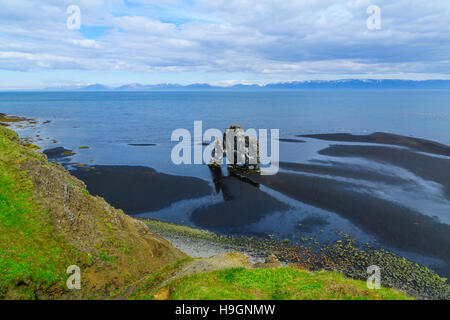 Vista del basalto Hvitserkur stack, sulla sponda orientale della penisola di Vatnsnes, Northwest Islanda Foto Stock