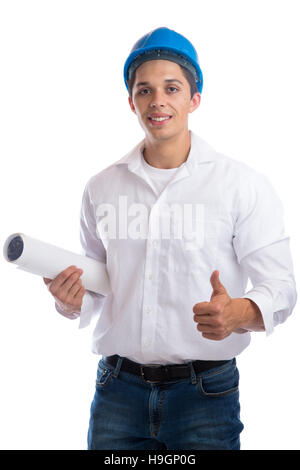 Giovane architetto con plan Thumbs up lavoro occupazione isolato su uno sfondo bianco Foto Stock