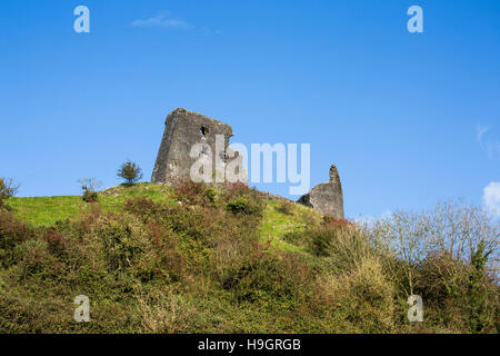 Vista generale del Castello Dryslwyn in Carmarthenshire, il Galles in una giornata di sole con il blu del cielo. Foto Stock