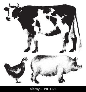 Set di realistico gli animali della fattoria disegnati a mano con la penna in bianco e nero Illustrazione Vettoriale