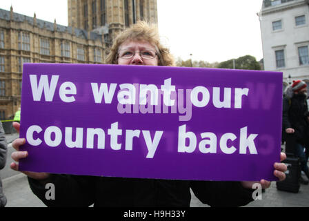 Londra, Regno Unito. 23 Nov, 2016. Centinaia di attivisti Pro-Brexit dimostrare nel vecchio palazzo di cantiere, di fronte al parlamento di Westminster contro la sentenza della Corte suprema sul Brexit, che il Parlamento britannico deve essere dato a dire su Brexit prima dell'articolo 50 può essere invocato. La protesta è stata programmata per coincidere con il Cancelliere Philip Hammond's autunno dichiarazione, con gli organizzatori sostenendo "i media di tutto il mondo sarà la copertura dell'evento, dando al 52% [chi ha votato per Brexit] massima esposizione a far sentire la loro voce". Credito: Dinendra Haria/Alamy Live News Foto Stock