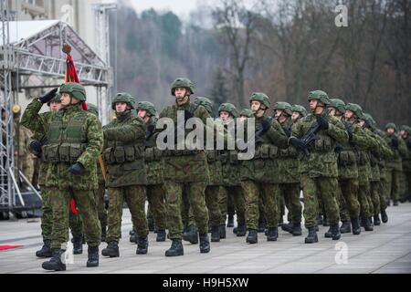 Vilnius, Lituania. 23 Nov, 2016. I membri del lituano forze armate assistere la Lituania le forze armate della celebrazione della festa di Vilnius, capitale della Lituania, su nov. 23, 2016. Il lituano le forze armate e le truppe di alcuni paesi della NATO ha tenuto un gala con formazione di mercoledì per celebrare la Lituania le forze armate della giornata. Il primo decreto che istituisce delle forze armate è stata appoved su nov. 23, 1918, che divennero le Forze Armate giorno del paese baltico. © Alfredas Pliadis/Xinhua/Alamy Live News Foto Stock