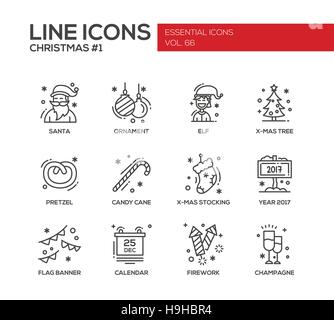 Natale e Anno Nuovo - set di moderno vettore semplice design linea di icone e pittogrammi. Santa, ornamento, Elf, X-mas tree, pretzel, candy cane, stoccaggio Illustrazione Vettoriale